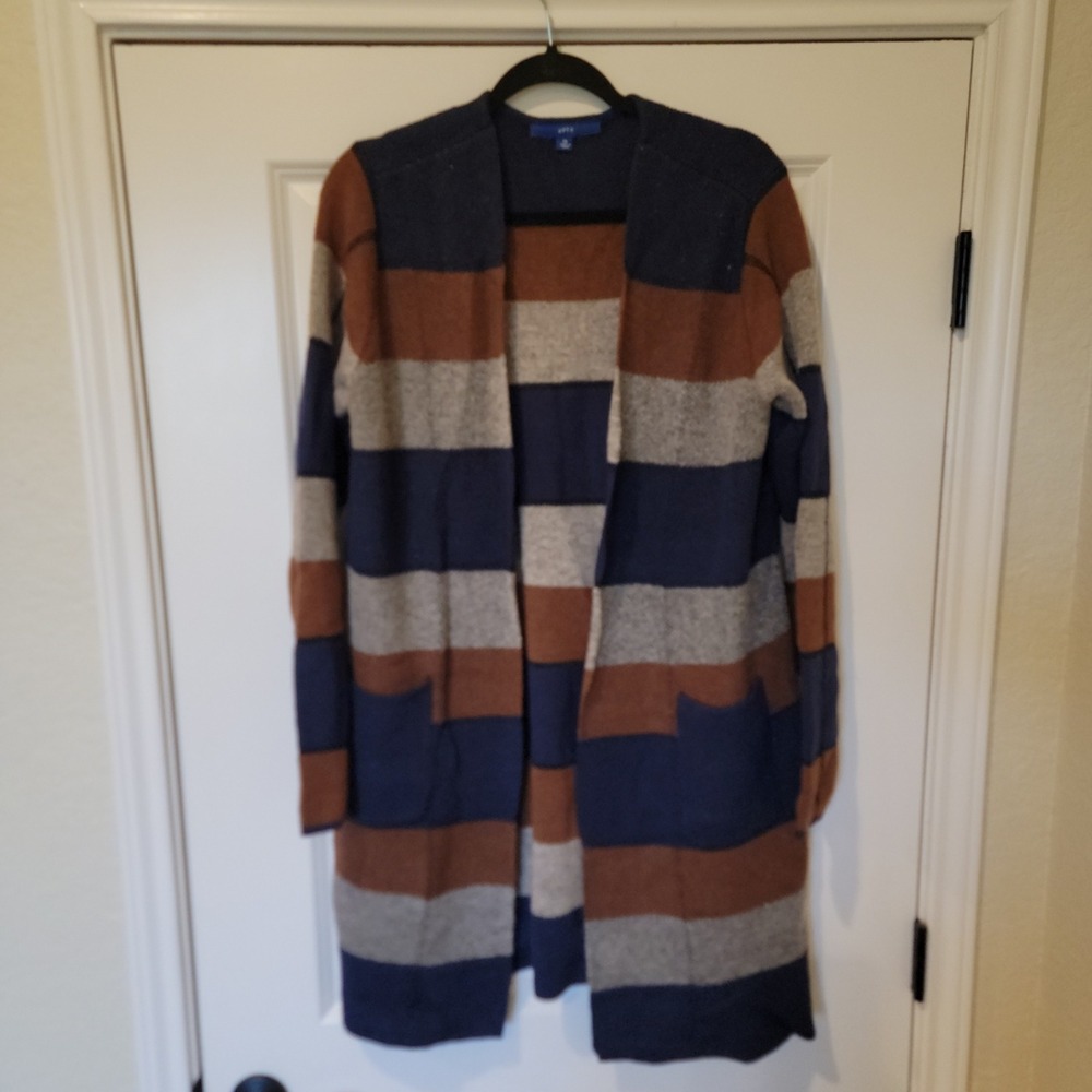 Apt. 9 Womens XL Longline Open Front Striped Metallic Cardigan Cognac Indigo